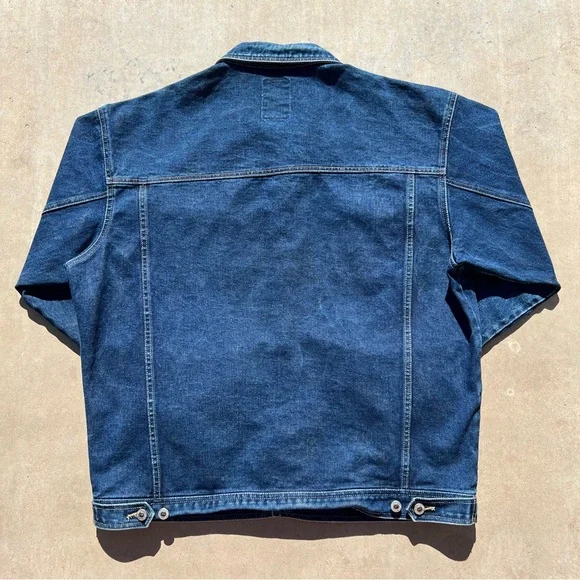 Mens vintage 80s thick deep blue denim wide boxy fit jacket buttons collar kanye - Picture 2 of 4